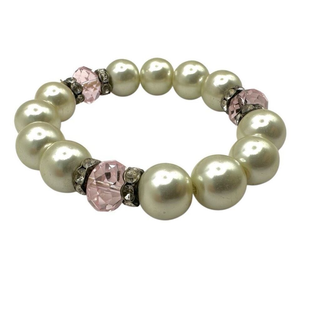 Faux pearl pink crystal stretchy bracelet